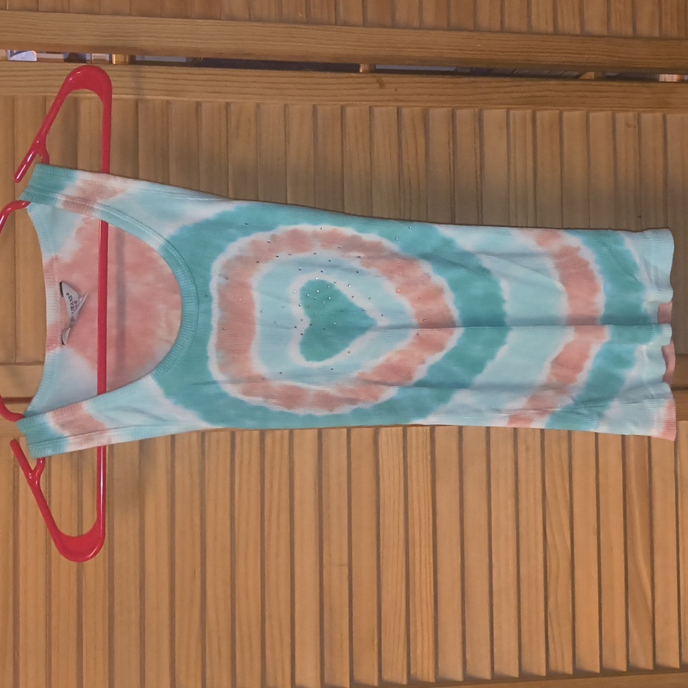 Guess Jeans Brand Tie Dye Teal & Peach Long Tank With Heart In Middle-NWOT